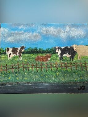 Country Pasture Cow Canvas Board Painting- Blue & Green